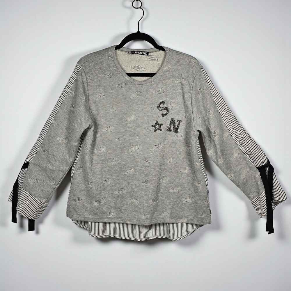 SONESTA Designer Distressed Top Woman Large Gray Knit‎ Front Tie Sleeve Detail